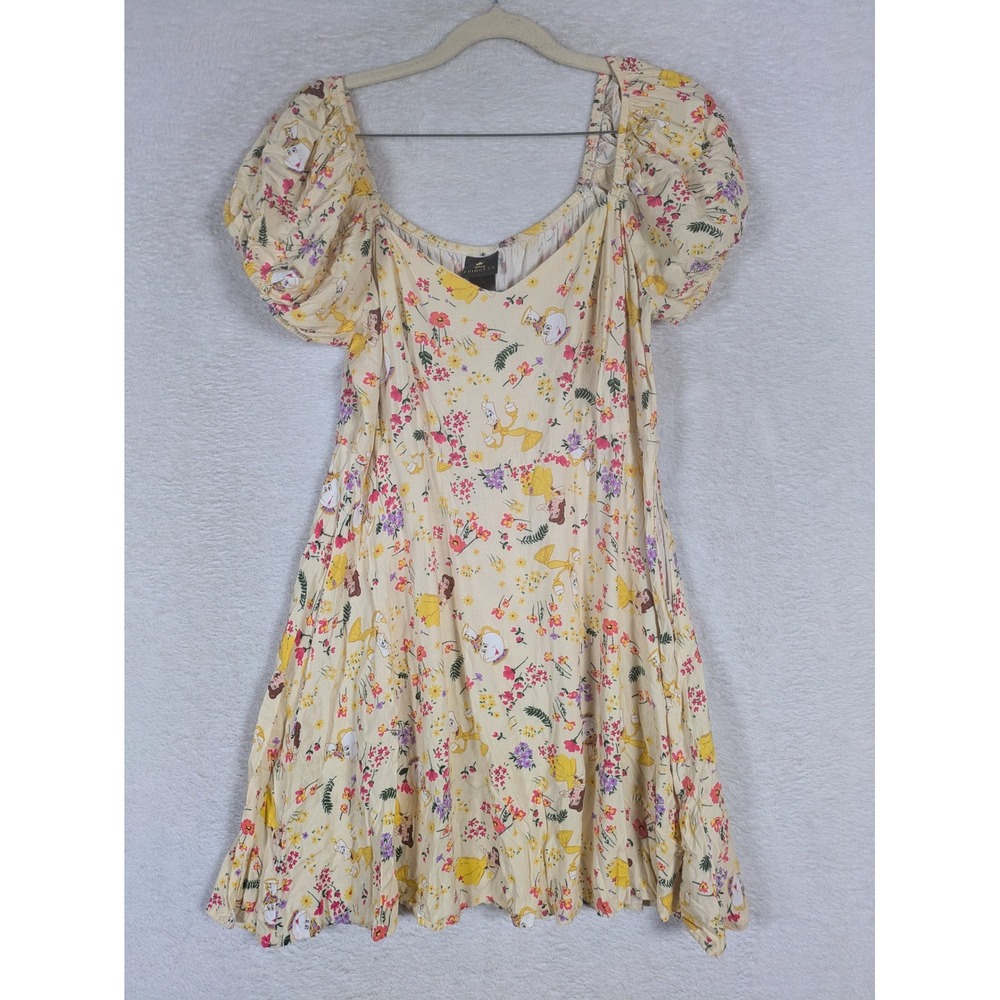 Disney Princess Dress Women's Large Yellow Beauty and the Beast Puff Sleeve Mini